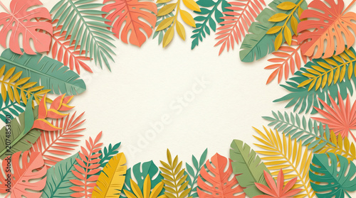 Colorful tropical leaves scattered across