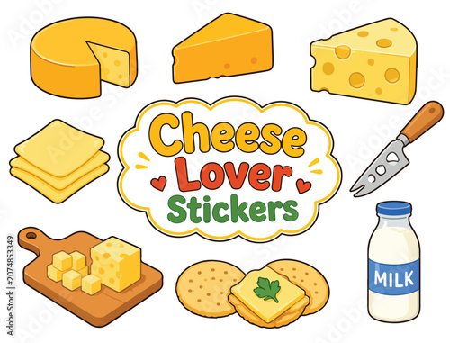 Cheese Lover Sticker Collection Featuring Cheddar, Swiss and Dairy Food Illustrations