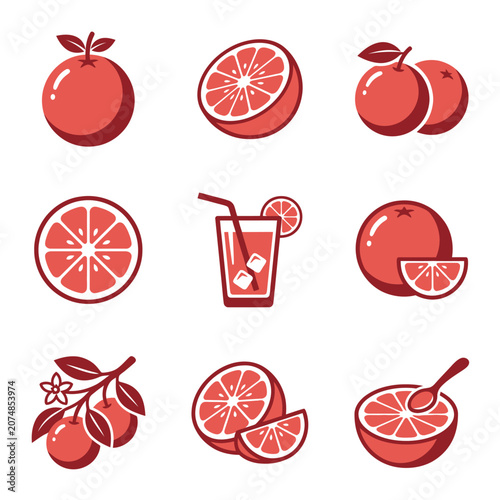 Grapefruit and oranges fruit icons set.
