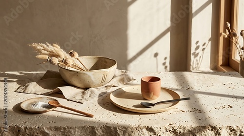 Brutalist interior showcases geometric tableware arrangement on textured surface