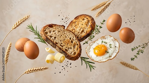 A still life composition featuring bread, eggs, and herbs on a rustic surface with a culinary theme
