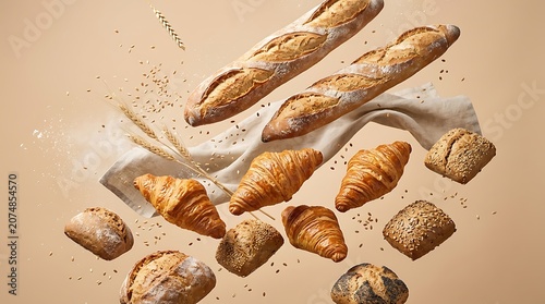 Assorted baked bread and pastries float in mid-air on a tablecloth