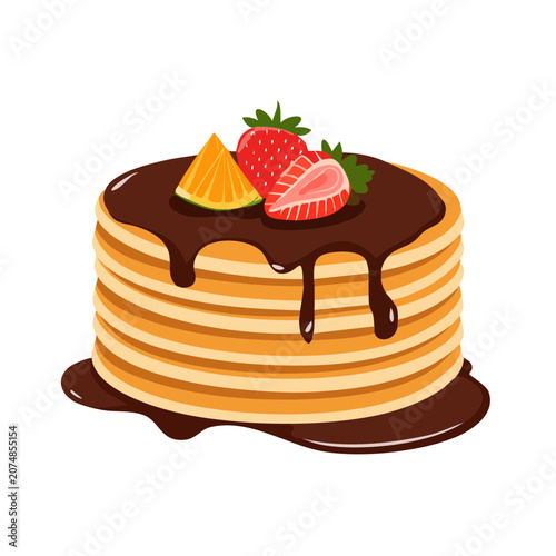 Stack of pancakes with chocolate syrup and fruit toppings