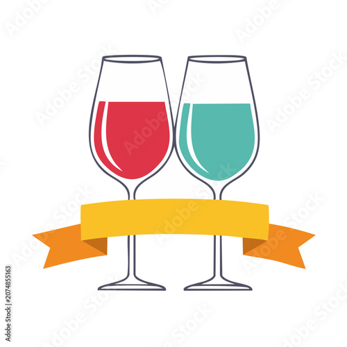 Two wine glasses with drinks and banner, flat vector illustration