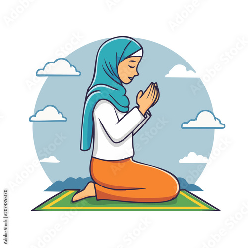 Woman in hijab praying on prayer mat illustration