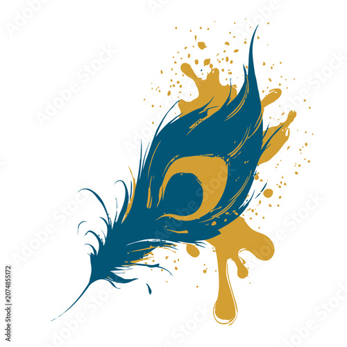 Watercolor peacock feather with eye pattern and paint splashes