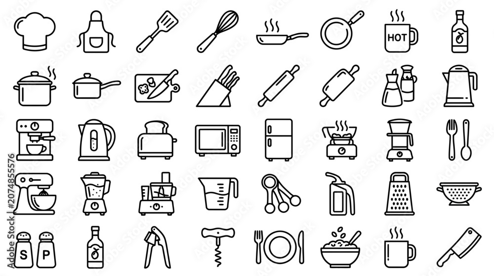 Naklejka premium Kitchen utensils and tools icons on white background for graphic design