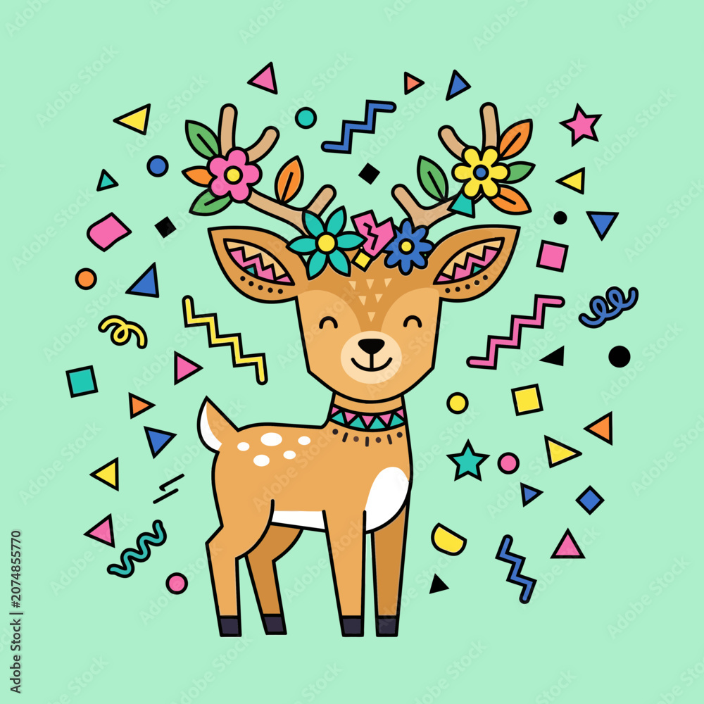 Naklejka premium Cute deer with flowers and confetti, festive illustration