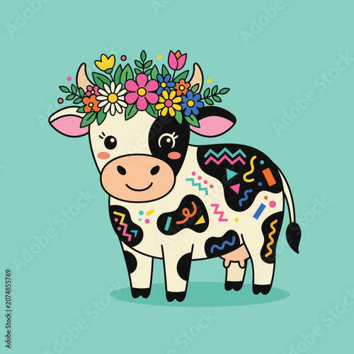 Cute Cow with Flower Crown and Colorful Patterns
