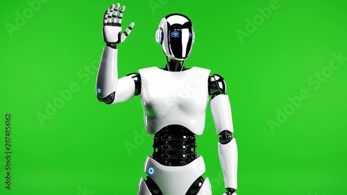 Futuristic Robot Assistant Waves Hello on Green Screen Background