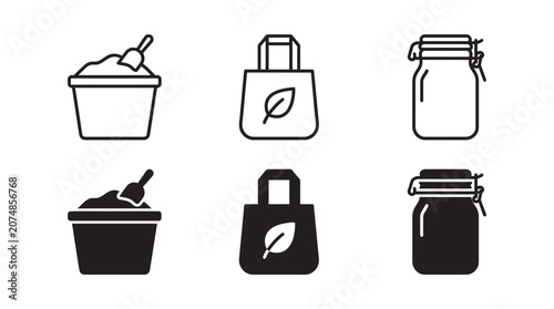 Eco friendly reusable storage and organic bulk food icons with container reusable sustainable illustration shopping