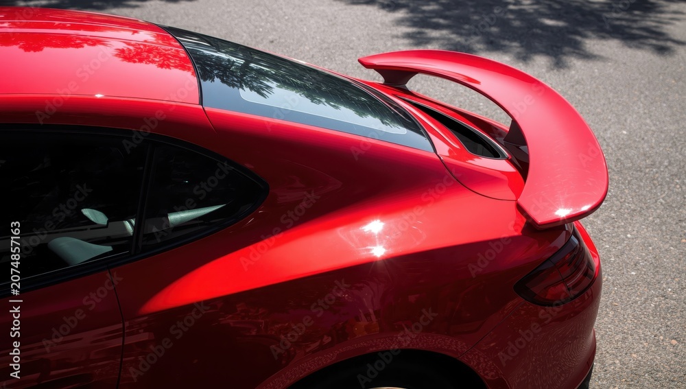 Fototapeta premium Side view of a red car with a rear spoiler.