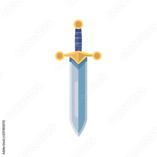 Flat illustration of a medieval sword with blue blade and gold hilt