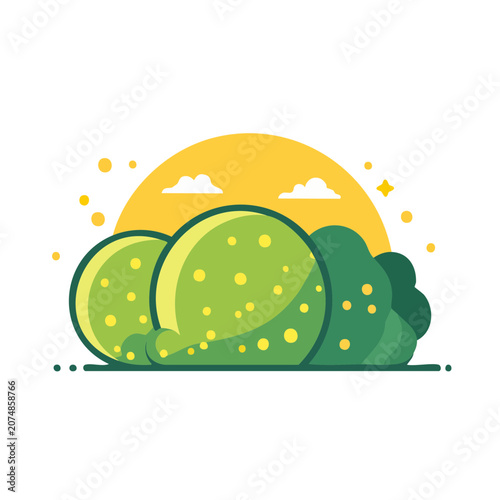 Flat illustration of cactus landscape with sun and clouds
