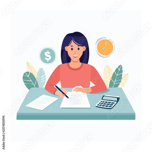 Woman working at desk with calculator and documents