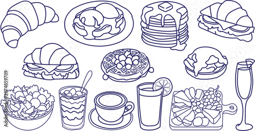 Photos Breakfast brunch food set hand-drawn line art illustration featuring croissant pancake waffle egg benedict salad yogurt and coffee for menu design restaurant branding or cafe advertising use