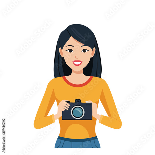 Woman holding camera flat vector illustration