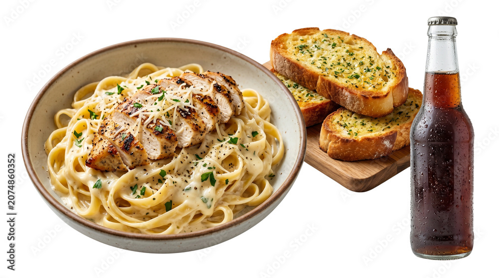 Fototapeta premium Grilled chicken fettuccine alfredo with creamy white sauce, toasted garlic bread slices with herbs, cold soda bottle beverage for restaurant menu isolated PNG with Transparent Background