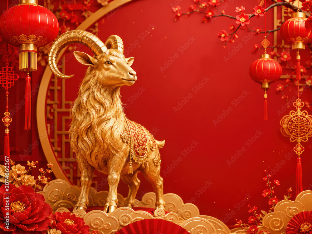 Fototapeta premium Golden Goat for Chinese New Year 2027 on Red Festive Background