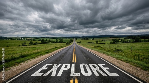Road stretching into distance with explore text on asphalt under stormy sky