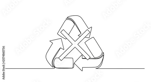 Obraz na płótnie Recycling symbol with a cross mark, continuous line art, eco-friendly concept