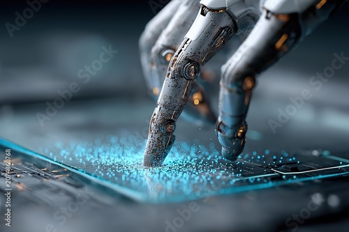 Robotic Hand Touching Holographic Interface Blue Glow