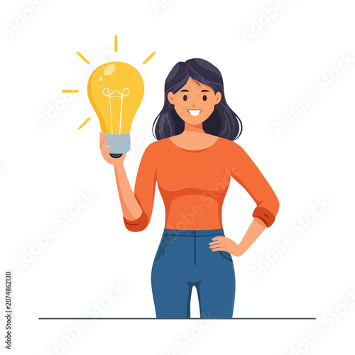 Woman holding light bulb, flat vector illustration