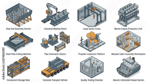 Foto Isometric illustrations of industrial shipbuilding and manufacturing processes, including assembly, fabrication, and quality control