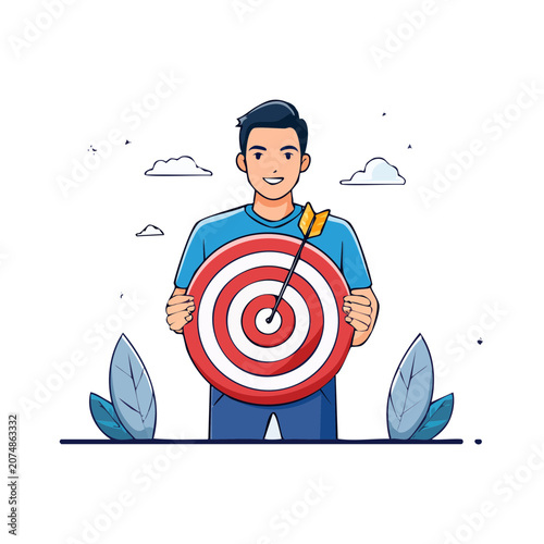 Man holding target with arrow in bullseye, flat vector illustration