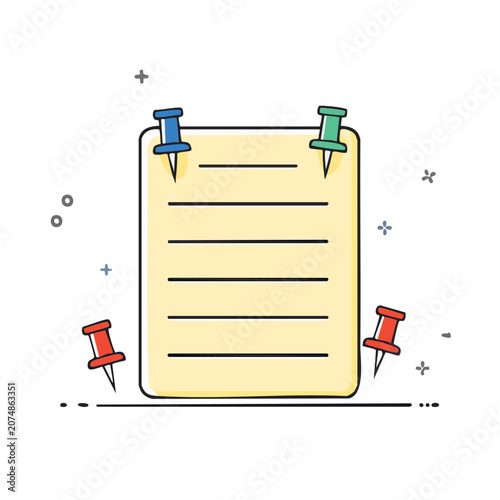 Notepad with push pins flat vector illustration