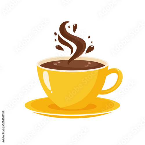 Yellow coffee cup with steam on saucer, flat vector illustration