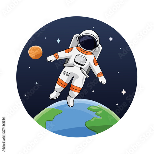 Cartoon astronaut floating in space above Earth