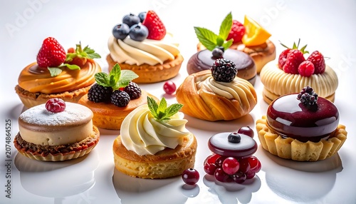 A variety of small pastries with creamy toppings and fresh fruits