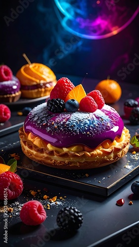 A vibrant dessert with purple frosting and berries on a black plate