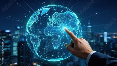 Hand touching digital globe with network connections over city skyline at night, representing global connectivity, international business, worldwide communication