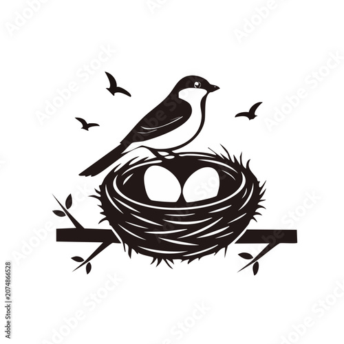 Black and white bird on nest with eggs vector illustration