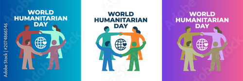Obraz na plátně World humanitarian day banner set, diverse people holding hands around earth glo