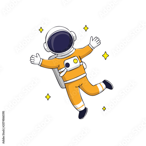 Cartoon astronaut in orange space suit floating in space