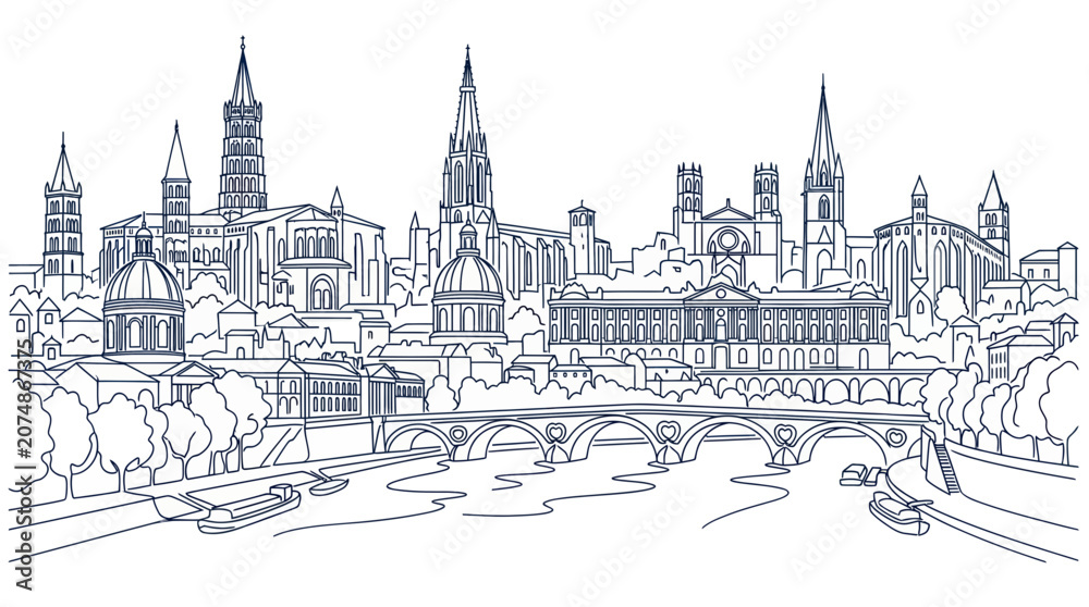 Fototapeta premium Cityscape Silhouette: Historic European Skyline with River and Bridge