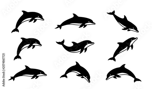 Bilde på lerret Minimal Dolphin Silhouette Collection with Jumping Marine Animal Vector Icons