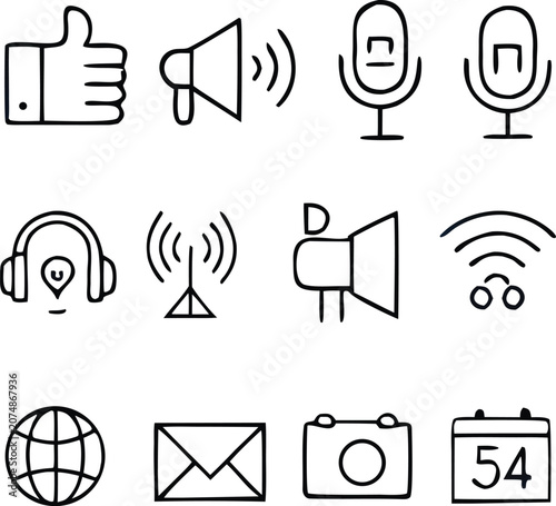 Web Hand drawn communication and media icon set vector doodle illustration