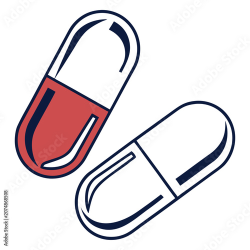 Minimalist flat design vector illustration of an open medicine capsule linked to a silver chain and padlock.