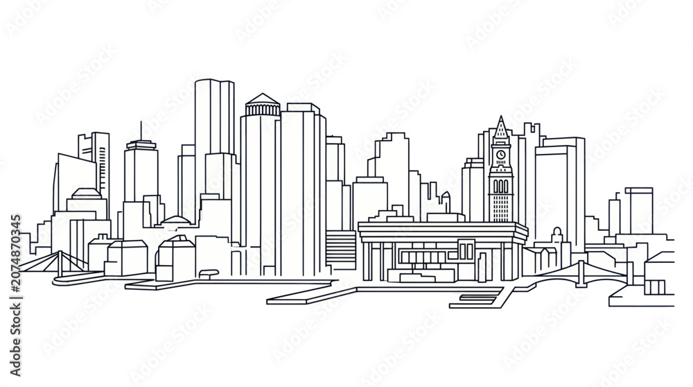 Obraz premium Minimalist Cityscape Line Drawing - Modern Urban Skyline Outline