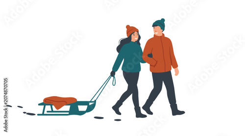 Bild auf Leinwand Couple enjoying winter outing with sled walking together in snow man and woman i