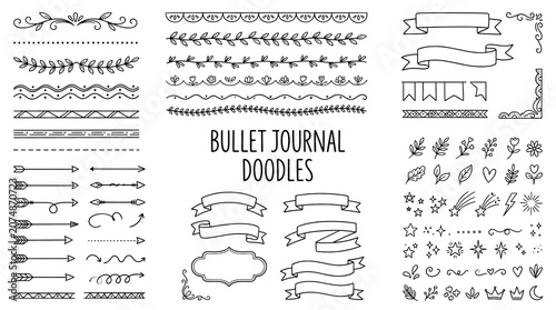 Bullet journal doodles set with various decorative elements and borders isolated on transparent background