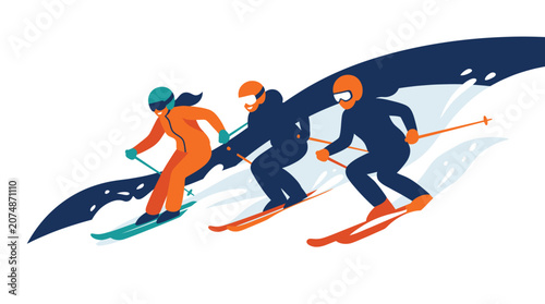 Photography Three skiers in motion racing down snowy slope dynamic winter sport scene with v