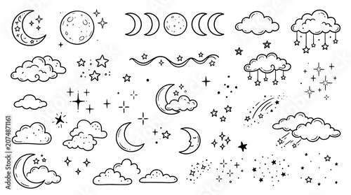 Fotografie Black and white doodle style moon and clouds isolated on transparent background