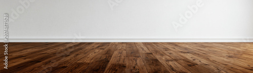 White wall and wooden floor background with clean copy space and minimal interior style for banner design
