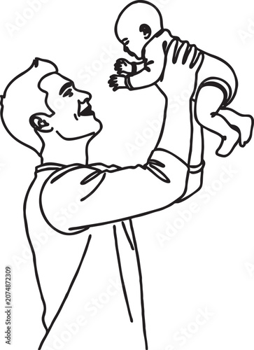 Tablou pe pânză Loving father holding infant baby aloft line art with illustration minimalist mo