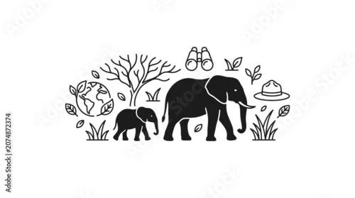 Fototapeta samoprzylepna Elephant Family Safari Icons
